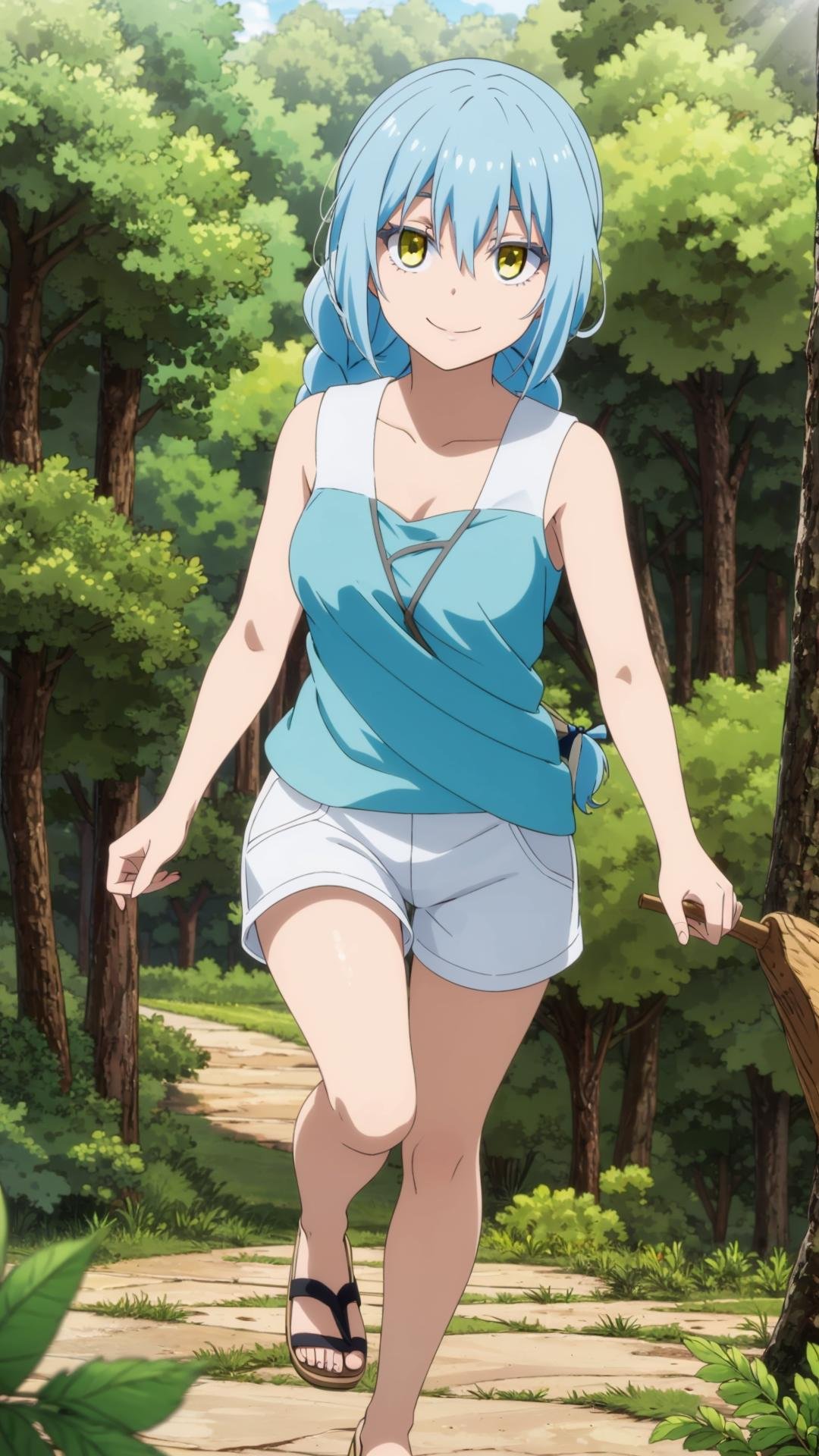 (masterpiece, best quality), ray tracing, absurdres,1girl, rimuru tempest, nikki, 1girl, solo, light blue hair, yellow eyes,hair between eyes, bangs,braid,(breasts:1.2),shorts, sandals, sleeveless, nature, tree, outdoors, , , forest, white shorts ,looking at viewer,smile,<lora:rimuru nikki_03:0.8>