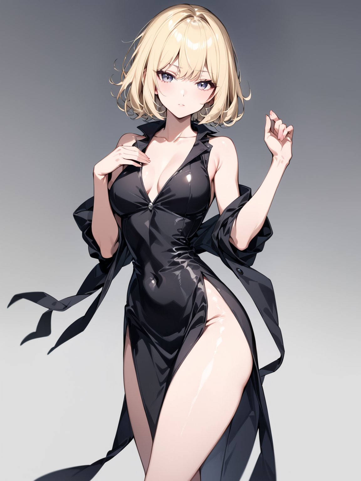 //Character, 1girl, solo,tatsumaki_opm, 
//Fashion, , black dress, collarbone, bare legs, side slit, black footwear, 
//Background, simple background, 
//Quality, (masterpiece), best quality, ultra-high resolution, ultra-high definition, highres, intricate, intricate details, absurdres, highly detailed, finely detailed, ultra-detailed, ultra-high texture quality, natural lighting, natural shadow, dramatic shading, dramatic lighting, vivid colour, perfect hands, perfect fingers, perfect anatomy, 
//Others, 