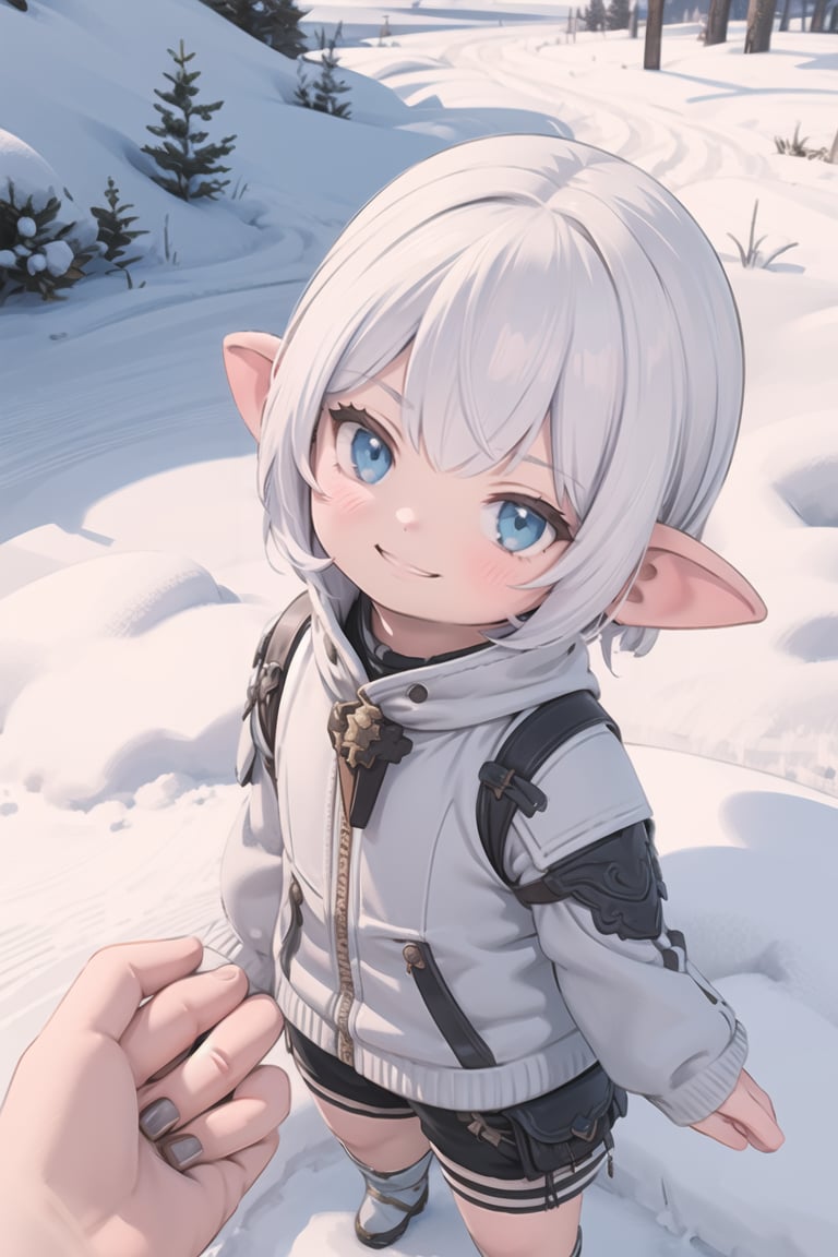 masterpiece, best quality, 1girl, smirk, leaping, from above, looking at viewer, snow, snow flowers, dirt road, euladef, pov,Lalafell