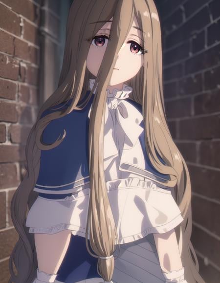 magesense, <lora:mage sense s1-lora-nochekaiser:1>,sense, long hair, brown hair, hair between eyes, (brown eyes:1.5), very long hair, ahoge,BREAK bow, bowtie, white bow, capelet, blue capelet, frills, wide sleeves,BREAK outdoors,BREAK looking at viewer, (cowboy shot:1.5),BREAK <lyco:GoodHands-beta2:1>, (masterpiece:1.2), best quality, high resolution, unity 8k wallpaper, (illustration:0.8), (beautiful detailed eyes:1.6), extremely detailed face, perfect lighting, extremely detailed CG, (perfect hands, perfect anatomy),