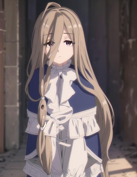 magesense, <lora:mage sense s1-lora-nochekaiser:1>,sense, long hair, brown hair, hair between eyes, (brown eyes:1.5), very long hair, ahoge,BREAK bow, bowtie, white bow, capelet, blue capelet, frills, wide sleeves,BREAK outdoors,BREAK looking at viewer, (cowboy shot:1.5),BREAK <lyco:GoodHands-beta2:1>, (masterpiece:1.2), best quality, high resolution, unity 8k wallpaper, (illustration:0.8), (beautiful detailed eyes:1.6), extremely detailed face, perfect lighting, extremely detailed CG, (perfect hands, perfect anatomy),