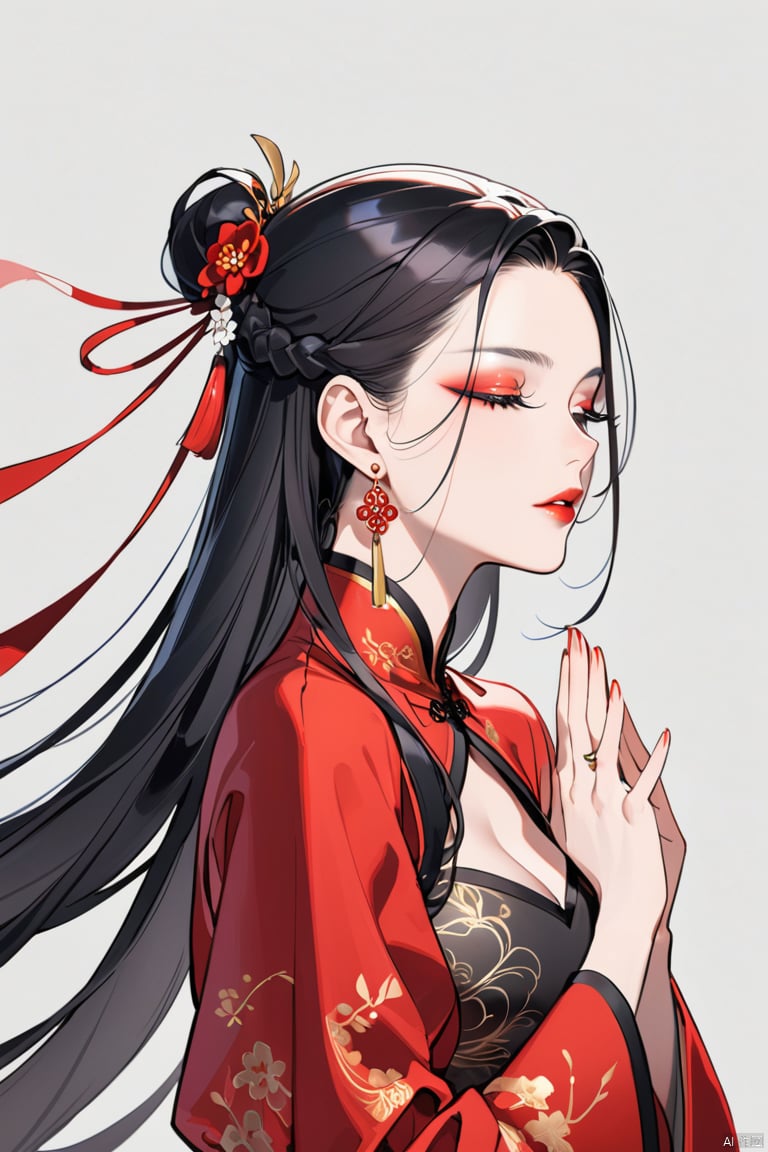  1girl, solo, long hair, from side, lips, earrings, upper body, close your eyes, looking to the side, dress, jewelry, parted lips, red lips, black hair, red dress, long sleeves, hanfu, dress, chinese clothes, wide sleeves, braid, upper body, very long hair, hair pulled back, own hands together, grey background, floating hair, breasts, makeup, robe, hair ornament, eyelashes, a woman with long black hair and a red dress is standing, ,