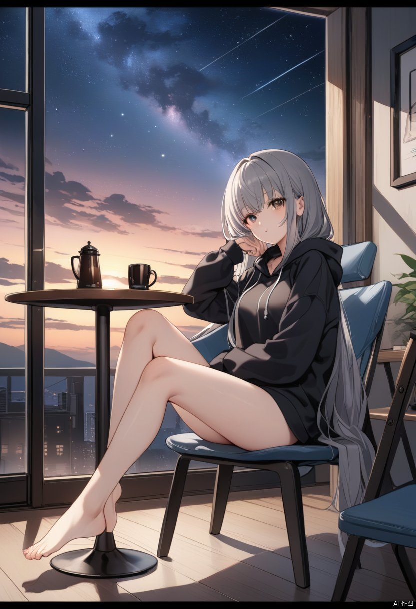  masterpiece, best quality ,, 1girl, long hair, solo, barefoot, sitting, looking at viewer, very long hair, indoors, bangs, bare legs , table, long sleeves, hood, hoodie, full body, grey hair, brown eyes, jacket, black hoodie, chair, legs ,sky, cloud, star (sky), border, scenery, outdoors, black border, starry sky, cloudy sky, sunset