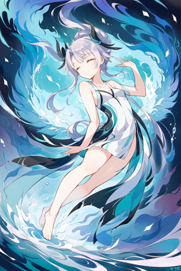 Zen painting illustration,anime art style,The girl in 'Fluid Fragments',morphing seamlessly between an array of abstract white and black compositions,each transformation transcending traditional definition and expectation,
