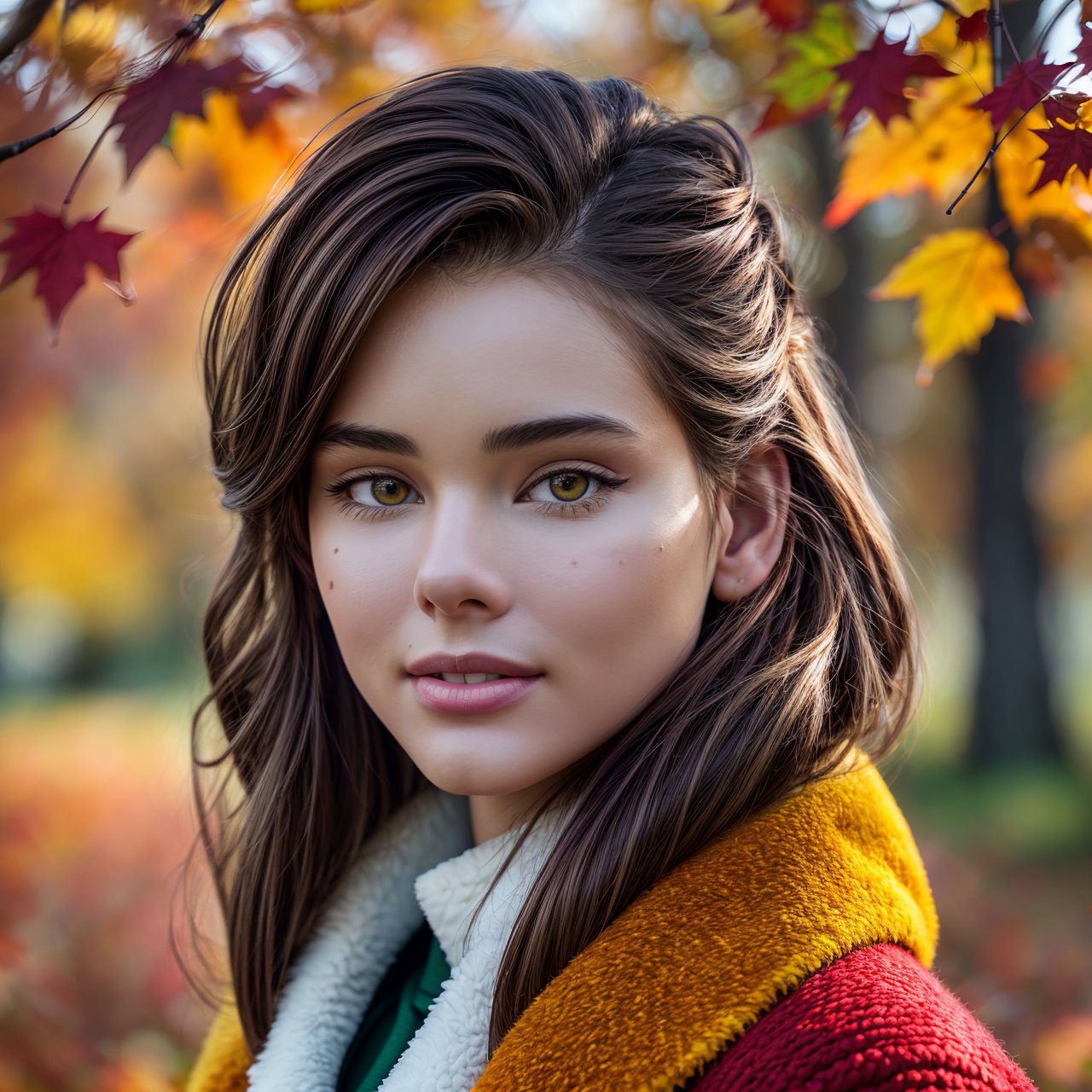 best quality, extra resolution, wallpaper, HD quality, HD, HQ, 4K, looking at viewer, profile of adorable (AIDA_LoRA_LG2022:1.13) <lora:AIDA_LoRA_LG2022:0.71> in sherpa jacket, [beautiful woman], pretty face, naughty, funny, happy, playful, intimate, hyper realistic, kkw-ph1, (colorful:1.1), (in the autumn park:1.1), (falling leaves:1.1), (red and yellow trees:1.1), sunlight, outdoors 