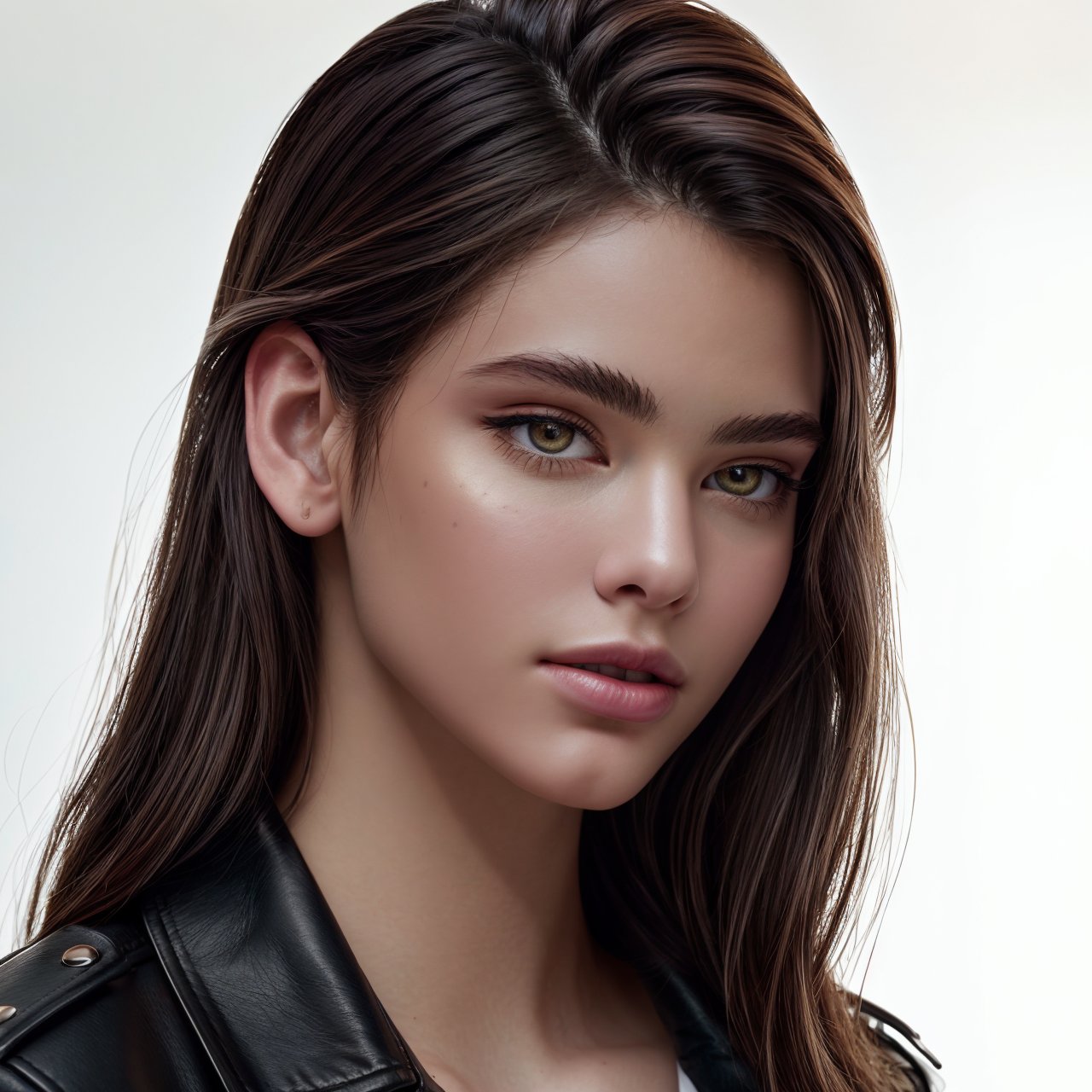 (masterpiece:1.3), best quality, extra resolution, wallpaper, HD quality, HD, HQ, 4K, view from above, close up of charming (AIDA_LoRA_LG2022:1.02) <lora:AIDA_LoRA_LG2022:0.88> in leather jacket, [beautiful woman], pretty face, flirting, dramatic, composition, kkw-ph1, (colorful:1.1), (studio photo:1.1), (simple white background:1.1) 