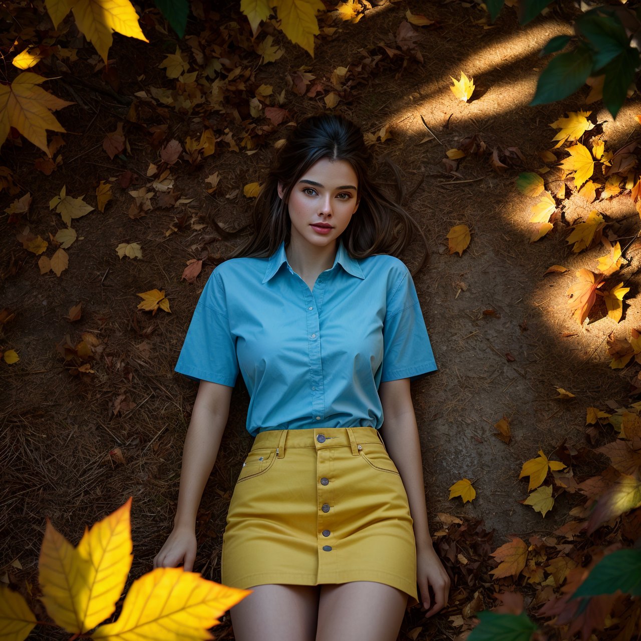 (masterpiece:1.3), best quality, view from above, portrait of calm (AIDA_LoRA_LG2022:1.14) <lora:AIDA_LoRA_LG2022:0.73> in simple yellow shirt and denim skirt, [beautiful woman], pretty face, naughty, funny, happy, playful, intimate, flirting with camera, dramatic, kkw-ph1, (colorful:1.1), (in the autumn park:1.1), (falling leaves:1.1), (red and yellow trees:1.1), sunlight, outdoors 