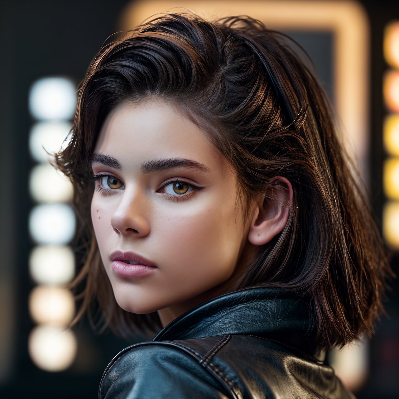 (masterpiece:1.3), best quality, extra resolution, looking back, close up of adorable (AIDA_LoRA_LG2022:1.13) <lora:AIDA_LoRA_LG2022:0.9> in leather jacket, [beautiful woman], pretty face, parted lips, cinematic, hyper realistic, kkw-ph1, (colorful:1.1), (studio photo:1.1), (simple black background:1.1) 