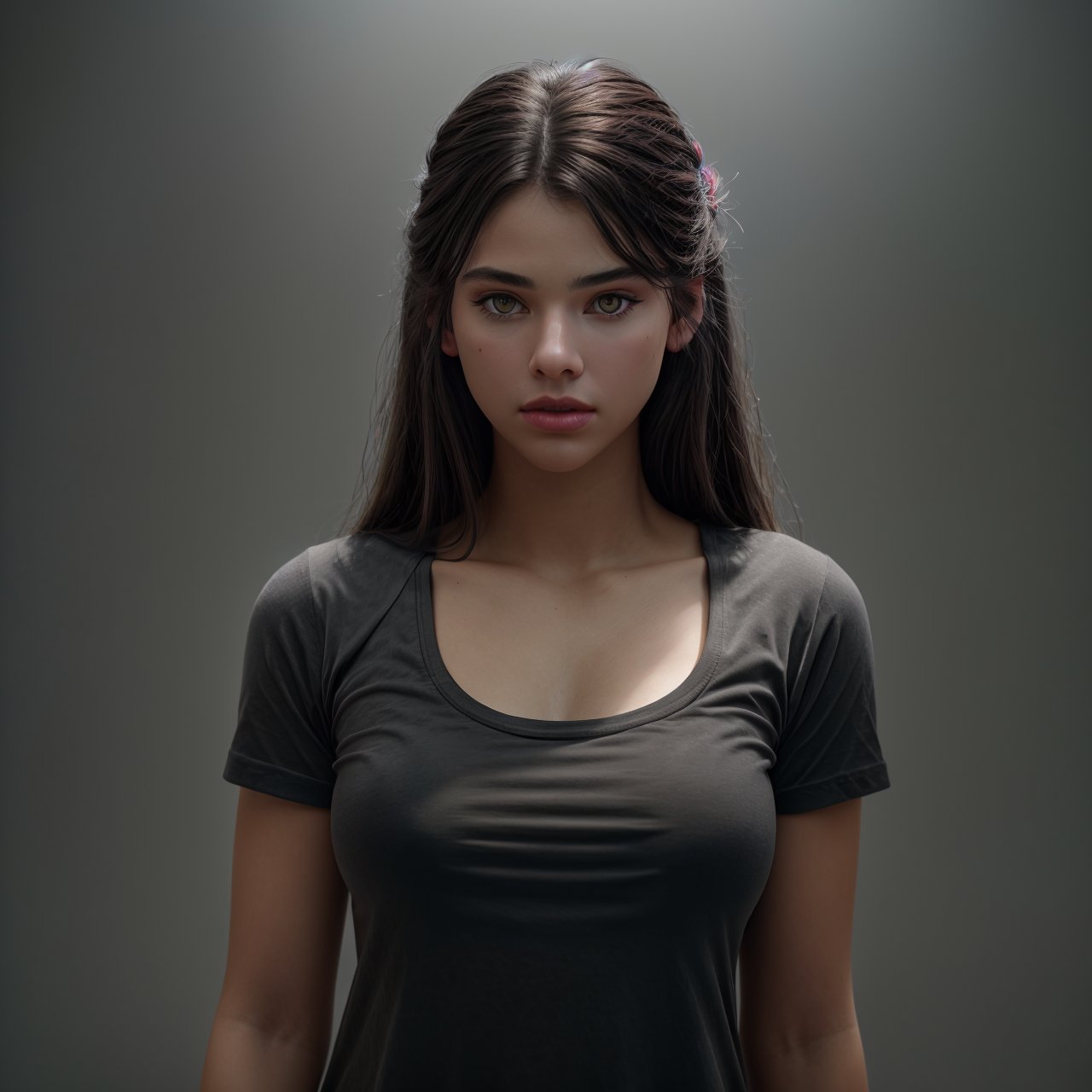 (masterpiece:1.3) view from above, full body portrait of stunning (AIDA_LoRA_LG2022:1.01) <lora:AIDA_LoRA_LG2022:0.95> in (simple gray t-shirt:1.1), [stunning girl], pretty face, parted lips, cinematic, dramatic, kkw-ph1, (colorful:1.1), (studio photo:1.1), (charcoal smoky black background:1.1) 