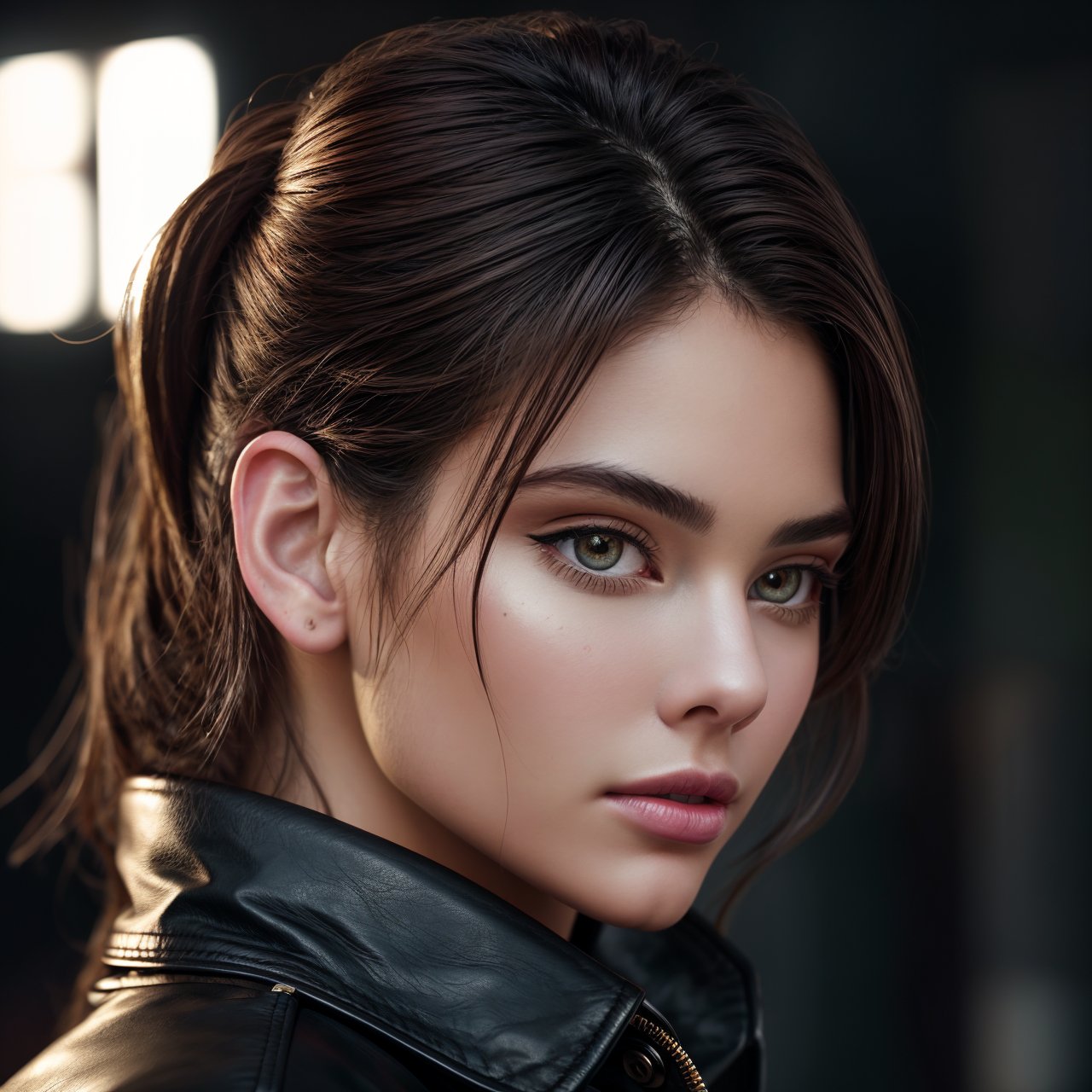 best quality, extra resolution, wallpaper, looking at viewer, portrait of stunning (AIDA_LoRA_LG2022:1.11) <lora:AIDA_LoRA_LG2022:0.84> in leather jacket, [beautiful woman], pretty face, naughty, dramatic, hyper realistic, kkw-ph1, (colorful:1.1), (studio photo:1.1), (simple black background:1.1) 