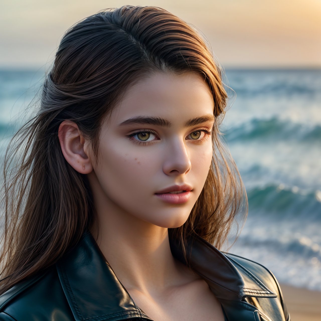 (masterpiece:1.3), best quality, extra resolution, wallpaper, HD quality, HD, HQ, 4K, looking at viewer, close up of calm (AIDA_LoRA_LG2022:1.1) <lora:AIDA_LoRA_LG2022:0.76> in leather jacket, [beautiful woman], pretty face, intimate, cinematic, dramatic, hyper realistic, kkw-ph1, (colorful:1.1), (on the seashore:1.1), sea, sand, sky, (on the beach:1.1), sunlight, outdoors 