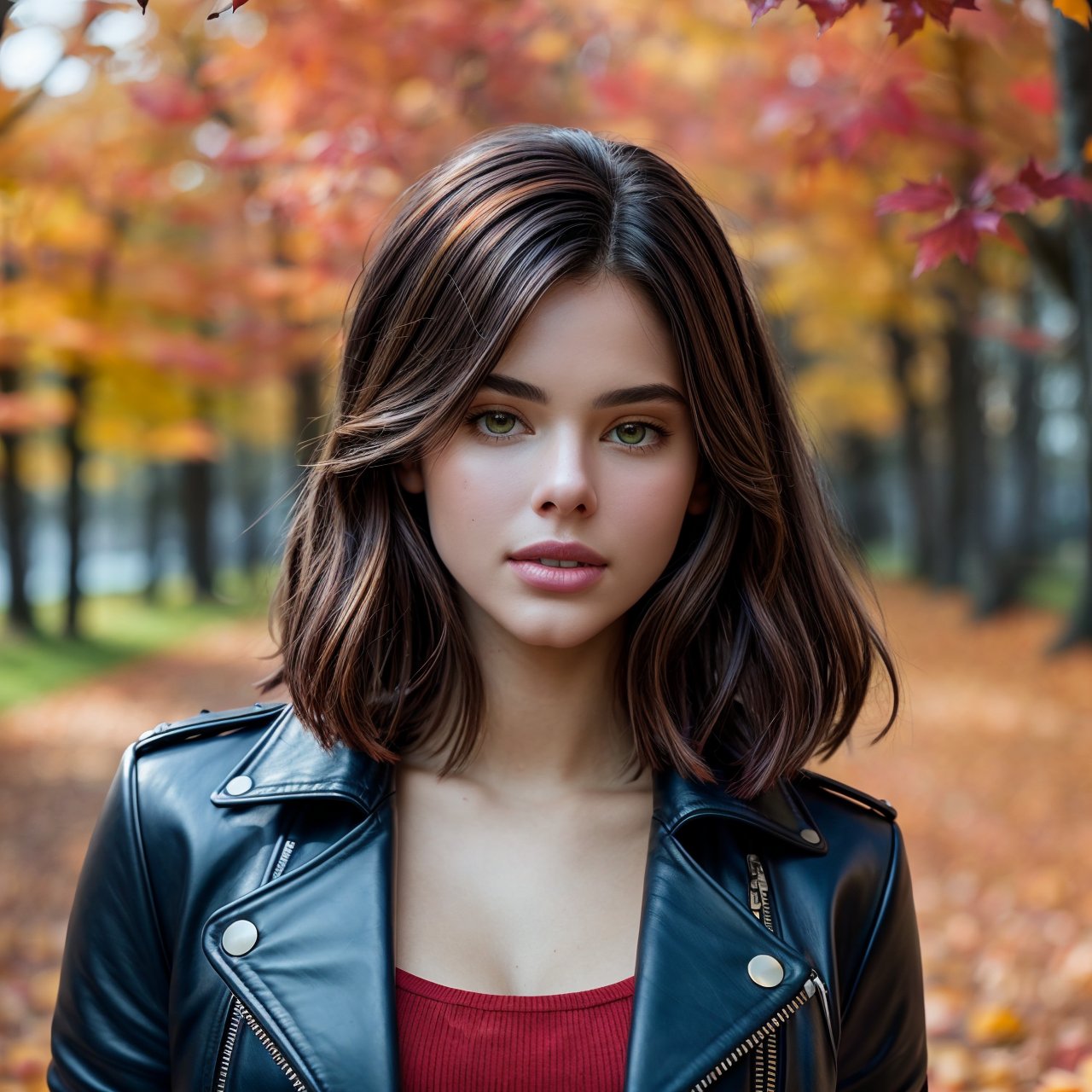 best quality, distant short, full body portrait of stunning (AIDA_LoRA_LG2022:1.04) <lora:AIDA_LoRA_LG2022:0.79> in leather jacket, [beautiful woman], pretty face, naughty, hyper realistic, kkw-ph1, (colorful:1.1), (in the autumn park:1.1), (falling leaves:1.1), (red and yellow trees:1.1), sunlight, outdoors 