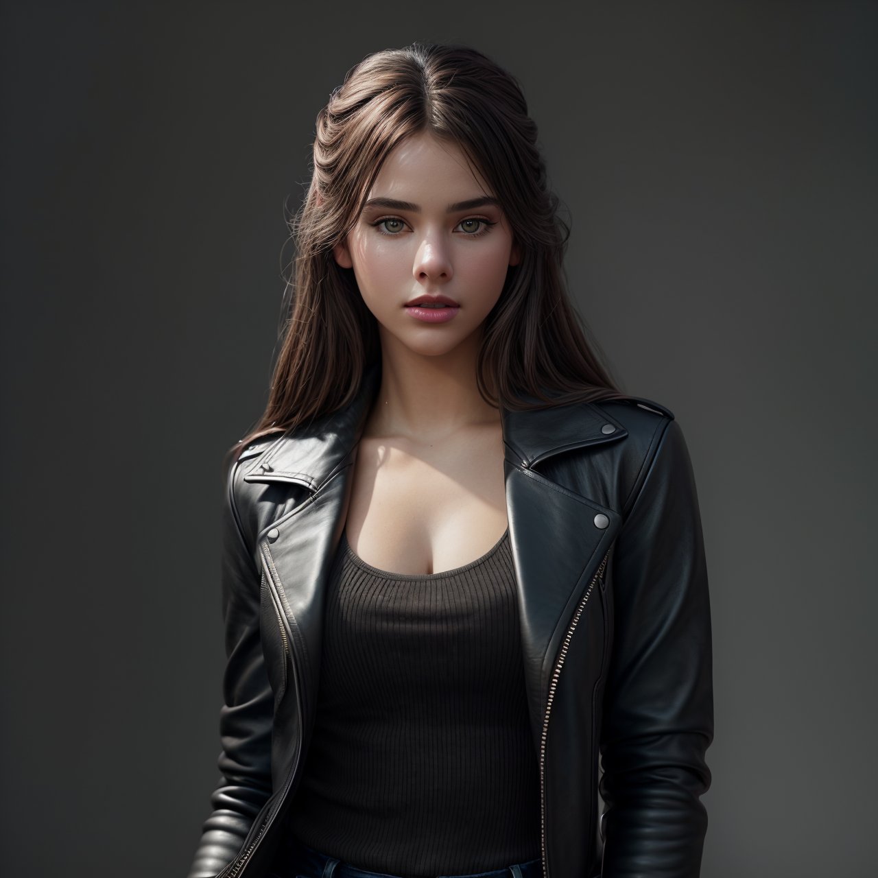 best quality, extra resolution, wallpaper, HD quality, HD, HQ, 4K, view from above of adorable (AIDA_LoRA_LG2022:1.14) <lora:AIDA_LoRA_LG2022:0.69> in leather jacket and jeans, [beautiful woman], pretty face, naughty, cinematic, composition, kkw-ph1, (colorful:1.1), (studio photo:1.1), (charcoal smoky black background:1.1) 