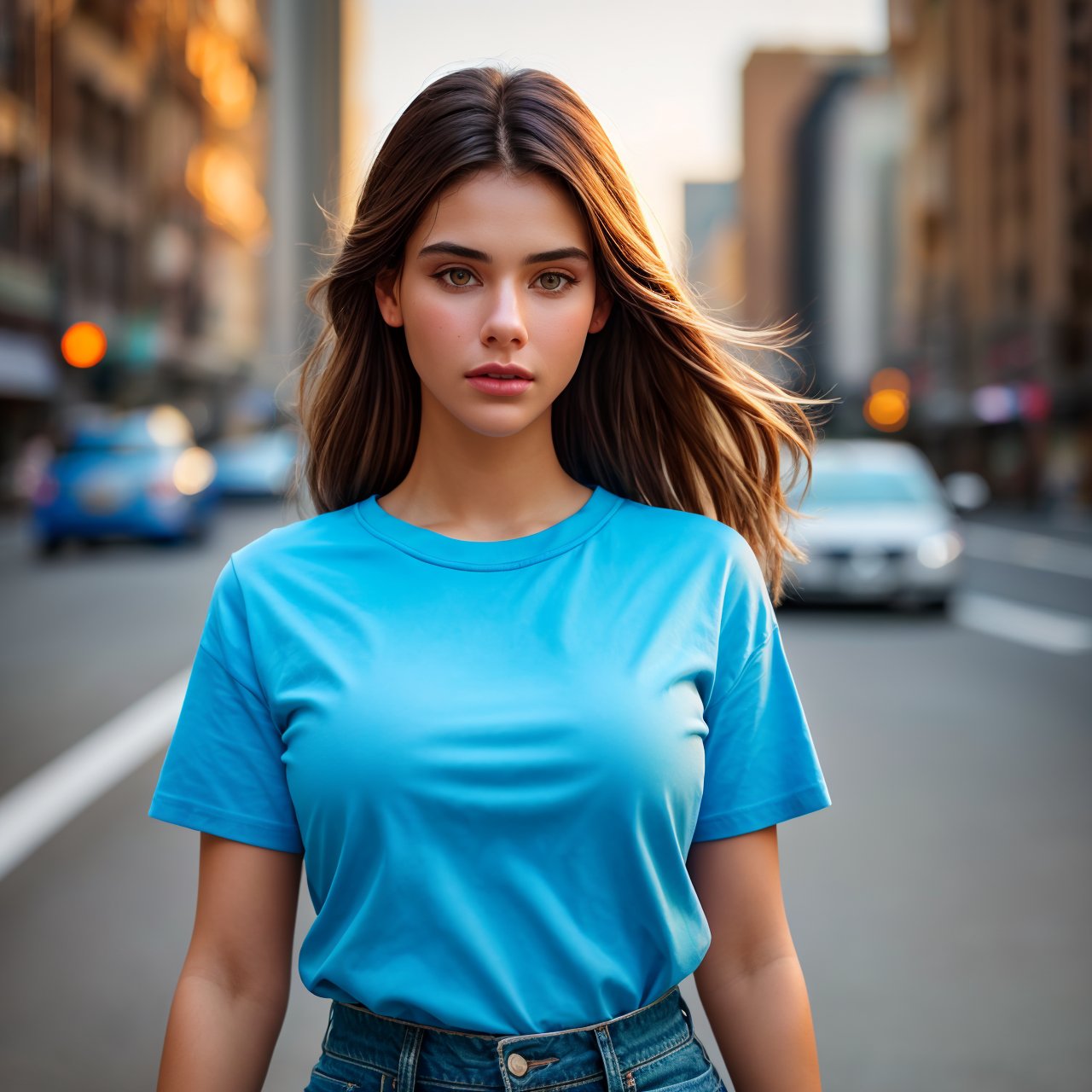 best quality, extra resolution, wallpaper, HD quality, HD, HQ, 4K, looking at viewer, close up of beautiful (AIDA_LoRA_LG2022:1.07) <lora:AIDA_LoRA_LG2022:0.75> in simple blue t-shirt and denim skirt, [beautiful woman], pretty face, self-assurance, cinematic, dramatic, insane level of details, intricate pattern, kkw-ph1, (colorful:1.1), (on the street:1.1), buildings, cars, city, sunlight, outdoors 