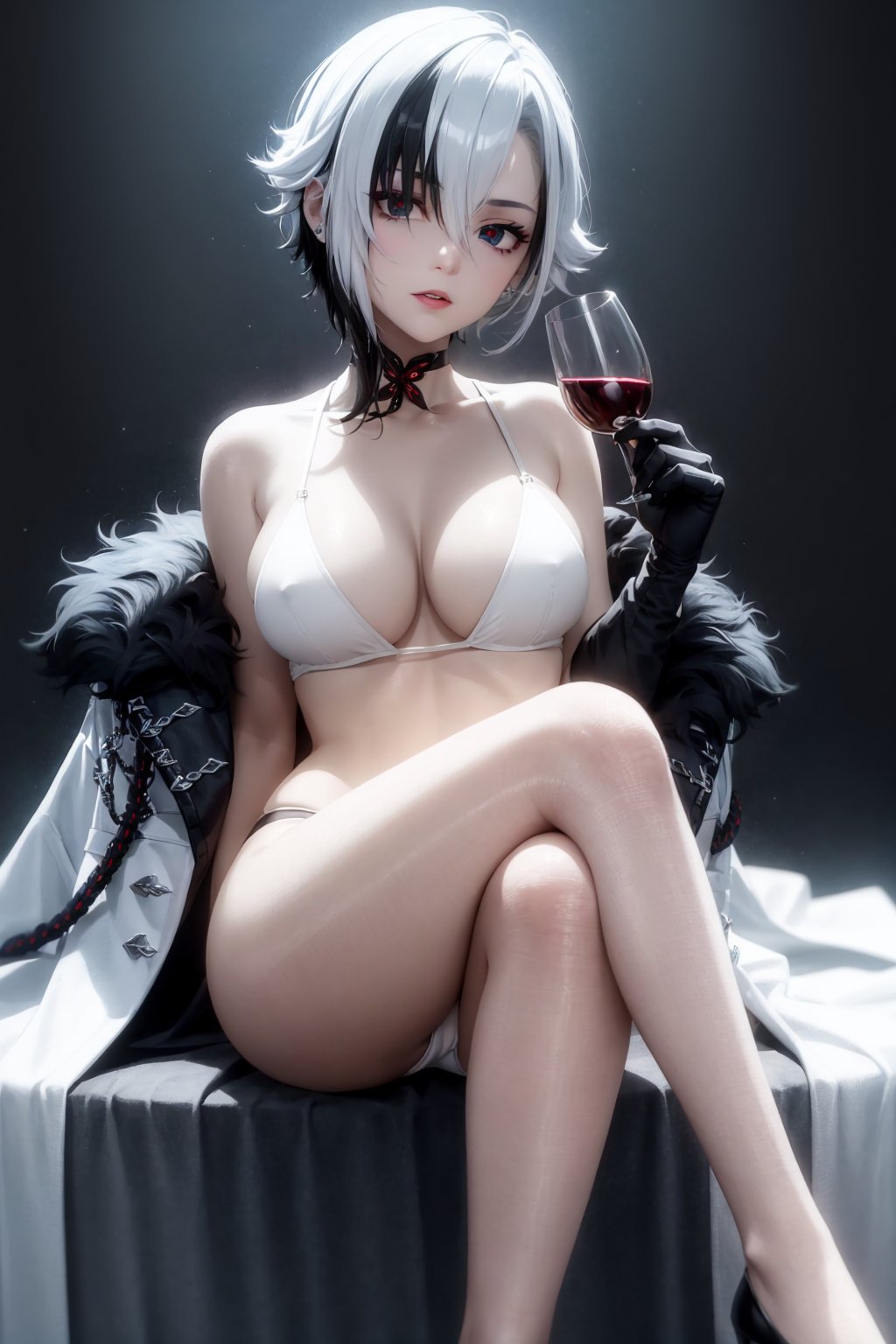 masterpiece,best quality,  <lora:arlecchino:1>,arlecchino \(genshin impact\), 1girl, solo, breasts, multicolored hair, underwear, x-shaped pupils, cup, sitting, gloves, streaked hair, crossed legs, black hair, choker, short hair, holding, panties, looking at viewer, drinking glass, fur trim, white hair, black gloves, holding cup, wine glass, spaghetti strap, fur-trimmed coat, bare shoulders, dress, symbol-shaped pupils, black panties, thighs, coat, black choker, black dress, hair between eyes, black eyes, collarbone, alcohol, thigh strap, bare legs, two-tone hair, wine, large breasts, bangs, white coat, closed mouth, medium breasts, feet out of frame, black background, jewelry, red pupils, cleavage