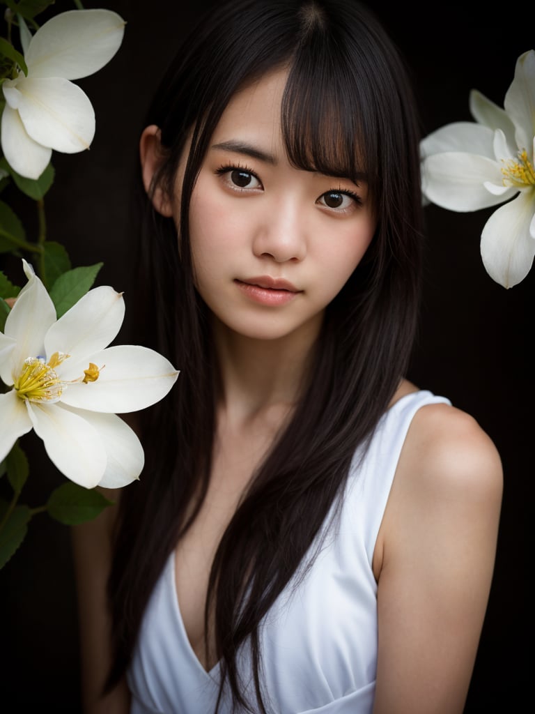 Portrait of a pretty 14 year old japanese girl, long dark brown hair, delicate features, sweet, complex background, Dramatic light, young and beautiful, Cinematic, flowers, Miki Asai Macro photography, hyper detailed, trending on artstation, sharp focus , studio photo, intricate details, highly detailed, by greg rutkowski,Masterpiece