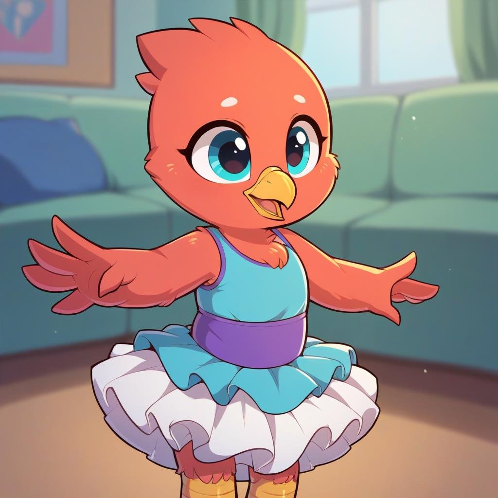 solo, dance, avian, bird, beak, young, cub, score_9, score_8_up, score_7_up, score_6_up, score_5_up, score_4_up, chibfurri, anthro, source_furry, baby, wearing tutu,1girl, blurred background, dance hall, dance room, outstretched arm<lora:EMS-320461-EMS:0.700000>