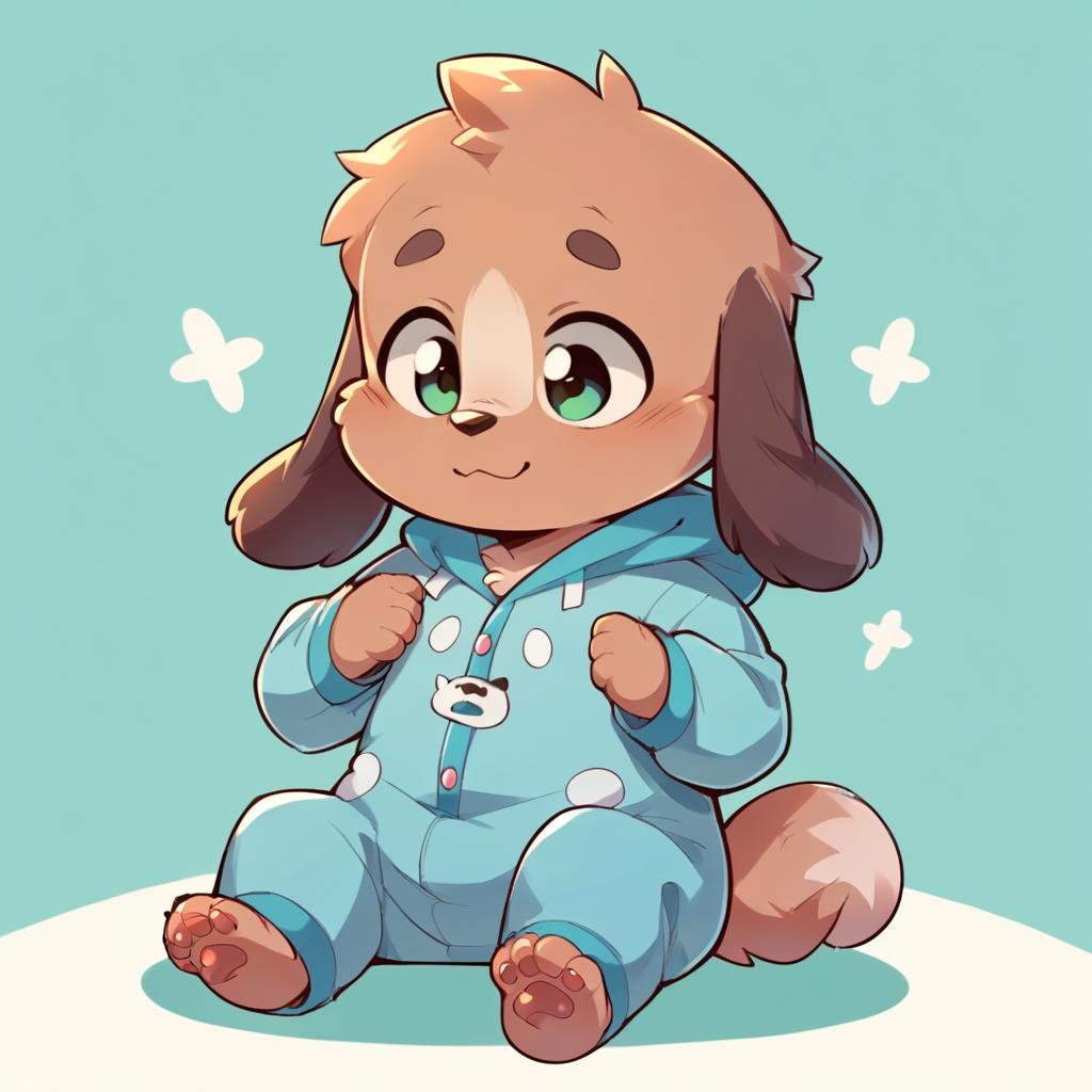 young, cub, 1boy, score_9, score_8_up, score_7_up, score_6_up, score_5_up, score_4_up, chibfurri, anthro, solo, dog, floppy ears, paws, fluffy fur, wearing onesie, ^_^, source_furry<lora:EMS-320432-EMS:1.000000>