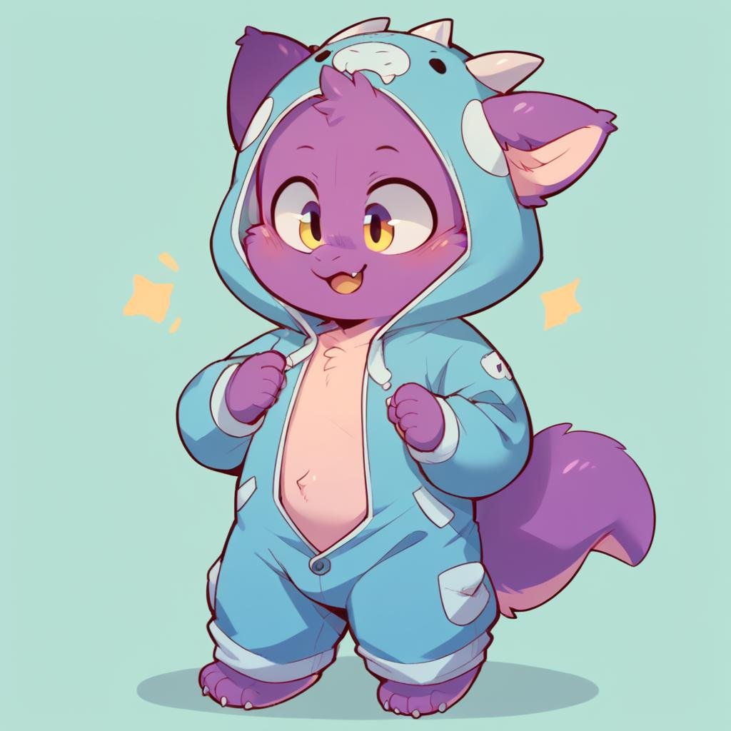 young, cub, 1boy, score_9, score_8_up, score_7_up, score_6_up, score_5_up, score_4_up, chibfurri, anthro, solo, dragon, paws, fluffy fur, wearing onesie, ^_^, source_furry<lora:EMS-320432-EMS:1.000000>