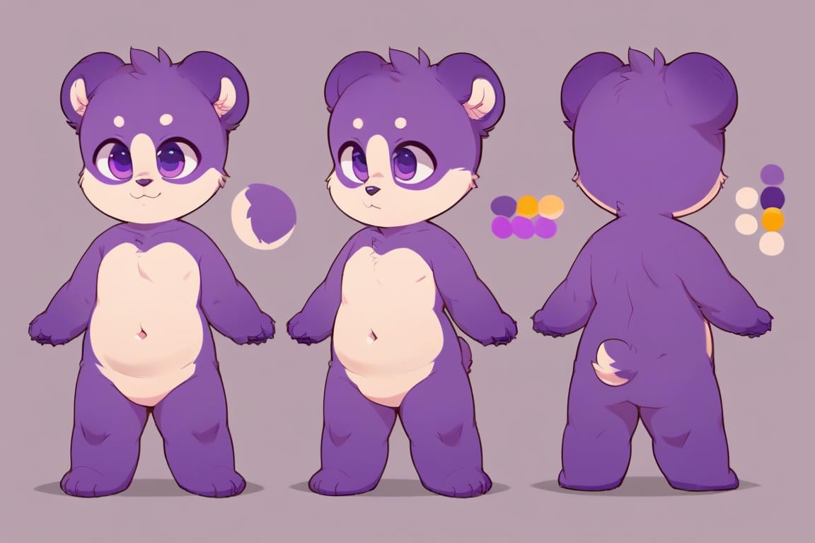 baby, cute, furry body, fluffy chest, from behind, ref sheet, reference sheet, panda, color pallet, solo, purple eyes, score_9, score_8_up, score_7_up, score_6_up, score_5_up, score_4_up, chibfurri, navel, short hair, navel, character design, cub, full body, head shot, multiple views, front and back view, bear tail, rating_safe<lora:EMS-320461-EMS:1.000000>