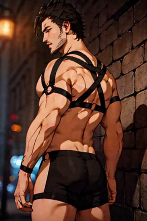 b0ndage, photo of a , bondage outfit, (smirk:0.7), dynamic pose, (gay nightclub), beard, strap, back,, realistic, masterpiece, intricate details, detailed background, depth of field,strap,muscular male,yami sukehiro