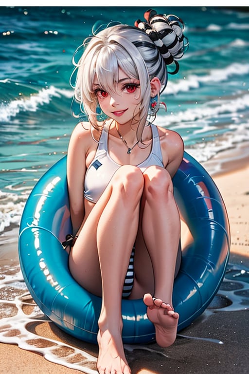 1 girl, alone, sitting, (masterpiece, best quality:1.4), (beautiful, perfect, delicate, detailed, intricate, aesthetic:1.2), full body, medium chest, breast, thigh, looking at viewer, smile, lips closed, bangs, hair decoration, red eyes, hair between the eyes, gray hair, bun, smile, shaped eyebrows of V, single hair bun, tied hair, bun on the back of the head, white hair and black lines, two-color white hair and black lines, bun, black striped hair, two-color hair, white swimsuit, beach , feet