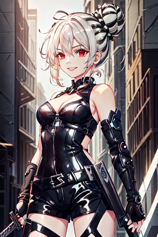 1 girl, alone, standing, (masterpiece, best quality: 1.4), (beautiful, perfect, delicate, detailed, intricate, aesthetic: 1.2), upper body, medium chest, chest, thigh, toothy smile, bangs, decorative hair, red eyes, hair between the eyes, gray hair, bun, smile, simple bun, hair up, bun at the nape of the neck, white hair and black lines, bicolor hair black and white lines, bun, striped black hair, hair two tone, gloves, holding, bare shoulders, weapon, pantyhose, shorts, sleeveless, black gloves, elbow length gloves, sword, fingerless gloves, arms, sword in hand, black shorts, ledarraytech, science fiction