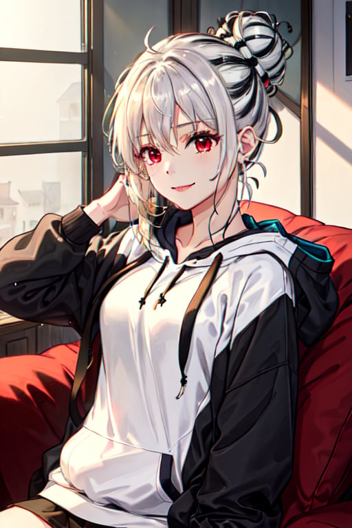 1 girl, alone, sitting, (masterpiece, best quality: 1.4), (beautiful, perfect, delicate, detailed, intricate, aesthetic: 1.2), full body, medium chest, chest, thigh, looking at phone, holding phone, calm, closed mouth, bangs, hair decoration, red eyes, hair between the eyes, gray hair, bun, smile, single hair bun, hair up, bun on the back of the head, white hair and black lines, bicolor white hair and black lines, bun, black striped hair, bicolor hair, upper body, hood, hoodie, hood down, drawstring, white hoodie, closed sweatshirt, house, indoor,single hair bun