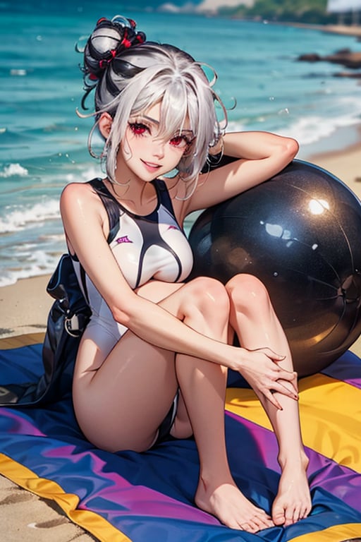 1 girl, alone, sitting, (masterpiece, best quality:1.4), (beautiful, perfect, delicate, detailed, intricate, aesthetic:1.2), full body, medium chest, breast, thigh, looking at viewer, smile, lips closed, bangs, hair decoration, red eyes, hair between the eyes, gray hair, bun, smile, shaped eyebrows of V, single hair bun, tied hair, bun on the back of the head, white hair and black lines, two-color white hair and black lines, bun, black striped hair, two-color hair, white swimsuit, beach , feet