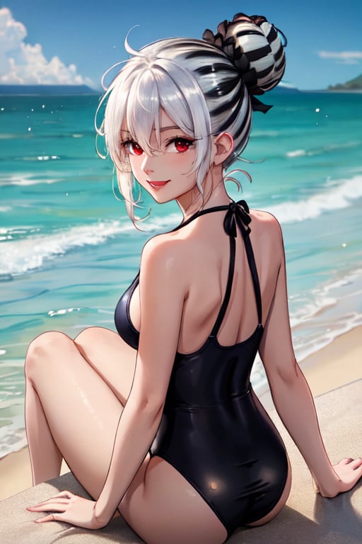 1 girl, alone, sitting, (masterpiece, best quality:1.4), (beautiful, perfect, delicate, detailed, intricate, aesthetic:1.2), full body, medium chest, breast, thigh, looking at viewer, smile, lips closed, bangs, hair decoration, red eyes, hair between the eyes, gray hair, bun, smile, shaped eyebrows of V, single hair bun, tied hair, bun on the back of the head, white hair and black lines, two-color white hair and black lines, bun, black striped hair, two-color hair, white swimsuit, beach , feet