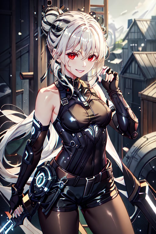 1 girl, alone, standing, (masterpiece, best quality: 1.4), (beautiful, perfect, delicate, detailed, intricate, aesthetic: 1.2), upper body, medium chest, chest, thigh, toothy smile, bangs, decorative hair, red eyes, hair between the eyes, gray hair, bun, smile, simple bun, hair up, bun at the nape of the neck, white hair and black lines, bicolor hair black and white lines, bun, striped black hair, hair two tone, gloves, holding, bare shoulders, weapon, pantyhose, shorts, sleeveless, black gloves, elbow length gloves, sword, fingerless gloves, arms, sword in hand, black shorts, ledarraytech, science fiction