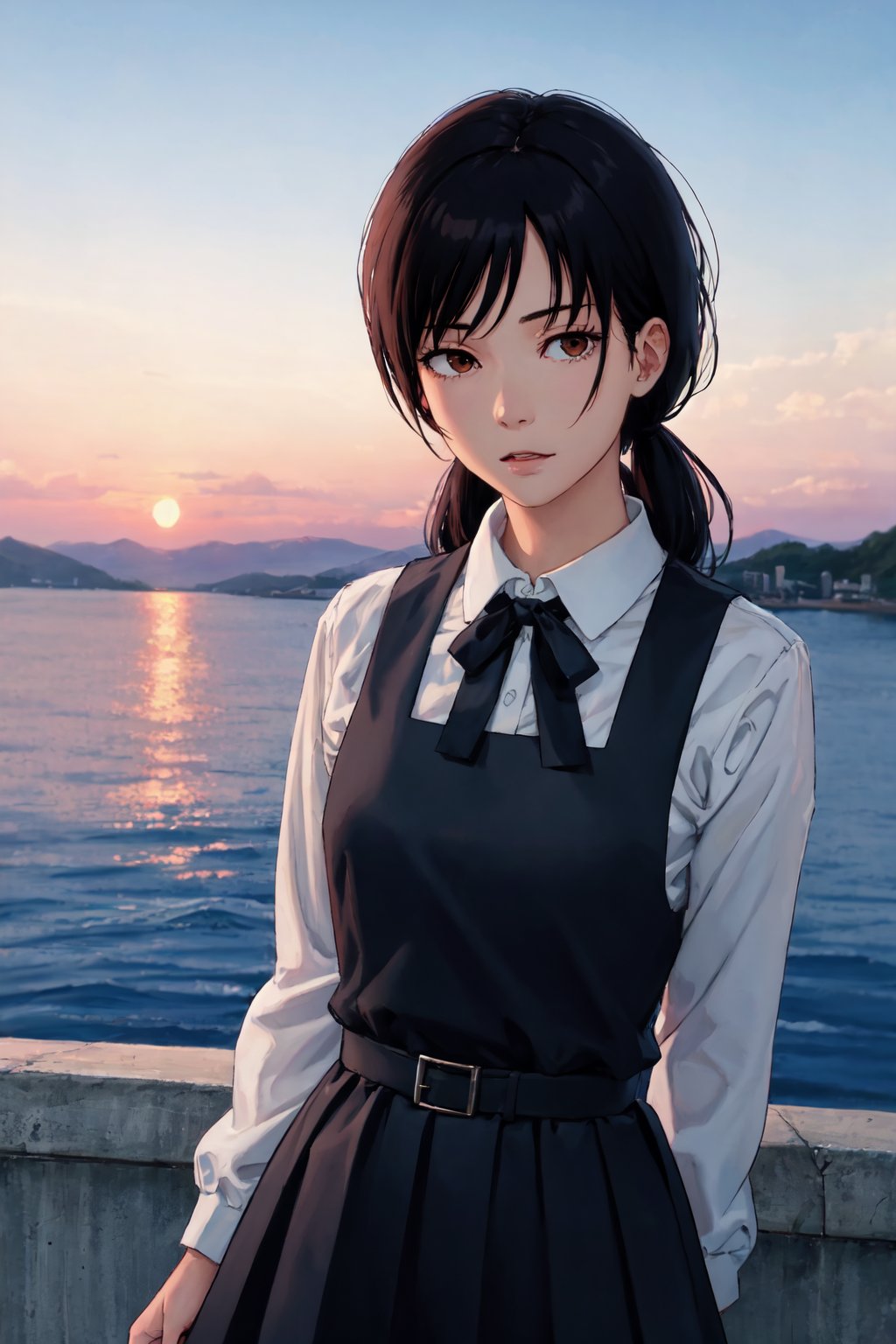 ray tracing, absurdres, offical art, illustration, (((masterpiece))),(((best quality))),((ultra-detailed)), hayao miyazaki style, 1girl, aged_up, solo, looking at viewer, arms behind back, asa_mitaka, black hair, black ribbon, pinafore dress, anime, black pinafore dress, brown eyes, <lora:Asa_Mitaka-000006:0.7>, upper-body, outdoors, sea, sunset