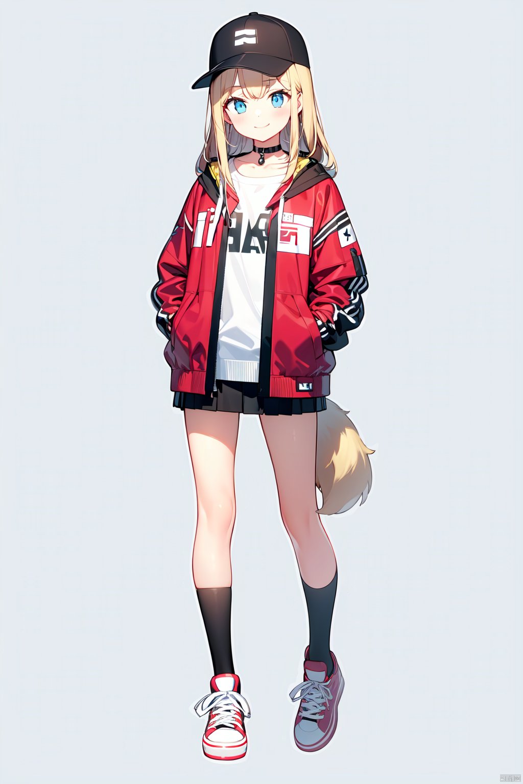 1girl, animal_ears, baseball_cap, black_legwear, blonde_hair, blue_eyes, choker, closed_mouth, collar, dog_tail, full_body, hand_in_pocket, hat, hat_with_ears, hood, hoodie, jacket, long_hair, long_sleeves, looking_at_viewer, nail_polish, open_clothes, open_jacket, red_footwear, red_nails, shoes, simple_background, smile, sneakers, socks, solo, standing, tail, virtual_youtuber, white_background