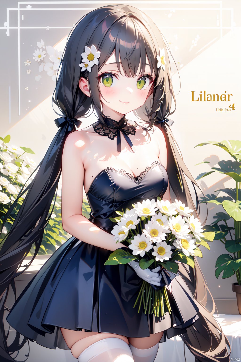 1girl, bangs, bare_shoulders, blue_dress, bouquet, breasts, character_name, cleavage, closed_mouth, daisy, dress, eyebrows_visible_through_hair, floral_background, flower, gloves, green_eyes, hair_ornament, hk416_\(girls'_frontline\), holding_bouquet, holding_flower, lily_\(flower\), lily_of_the_valley, lily_pad, long_hair, looking_at_viewer, lotus, low_twintails, mole, multi-tied_hair, ribbon, smile, solo, strapless_dress, thighhighs, vase, very_long_hair, white_flower, white_rose