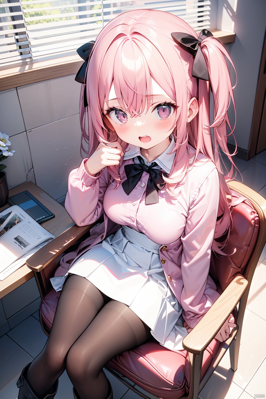 1girl, solo, long hair, breasts, looking at viewer, blush, open mouth, bangs, skirt, shirt, long sleeves, bow, ribbon, hair between eyes, medium breasts, sitting, very long hair, pink hair, hair bow, pantyhose, boots, teeth, puffy sleeves, indoors, hand up, black pantyhose, black bow, feet out of frame, one side up, upper teeth only, chair, white skirt, pink shirt, pink jacket, on chair, armchair,from above,ruins,close