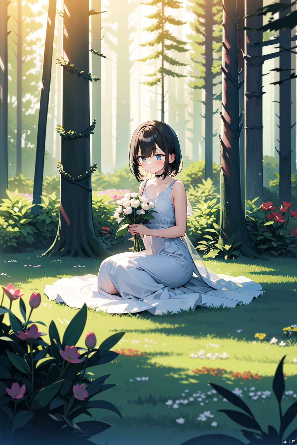 masterpiece,best quality,ï¼ 1girl, sitting on grass, flowers, holding flowers, warm lighting, white dress, blurry foreground, (forest:1.5)