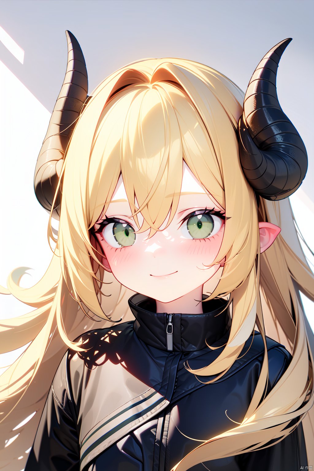 1girl, bangs, blonde_hair, closed_mouth, flower, green_eyes, hair_between_eyes, horns, long_hair, looking_at_viewer, smile, solo