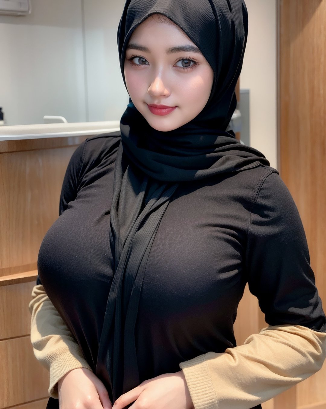 beautiful,  asian girl,hijab (masterpiece:1.2), (best quality:1.2), perfect lighting, perfect eyes, perfect face, 1girl, solo, indoors, warm colors, office, formal shirt, long sleeve, black eyes, upper body, cute girl, cute face, 25 years old, perfect body, smile, huge breast, huge , huge tits, hijab girl, hijabi, close clothes