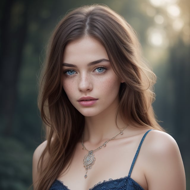Generate hyper realistic image of a beautiful woman with long, brown hair cascading down, her captivating blue eyes locked onto the viewer. Adorned with delicate jewelry, she showcases her upper body, with parted lips and a subtle necklace drawing attention. The background is artfully blurred, emphasizing her freckles and creating a realistic and enchanting atmosphere.