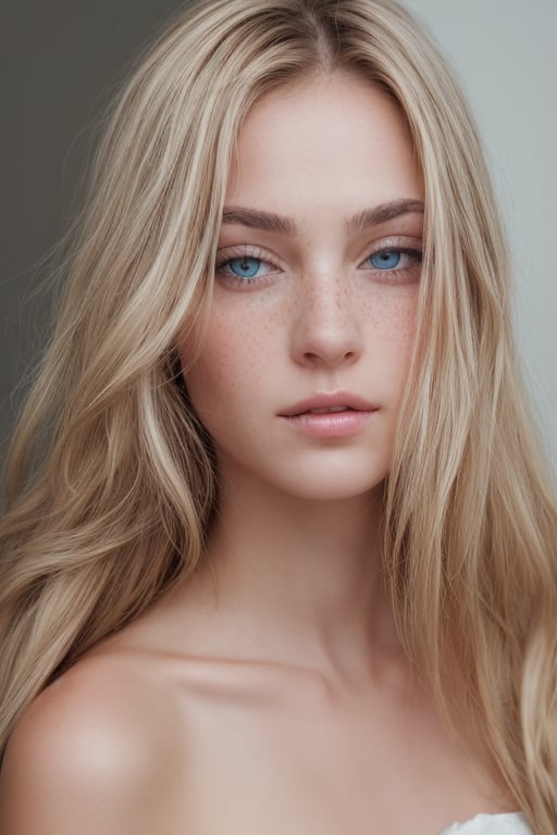 Generate hyper realistic image of a beautiful woman with long, flowing blonde hair framing her bare shoulders. Her blue eyes gaze directly at the viewer, radiating serenity. The closed mouth and delicate lips add a touch of elegance to the portrait. Freckles grace her realistic nose, capturing the natural beauty of this serene moment.