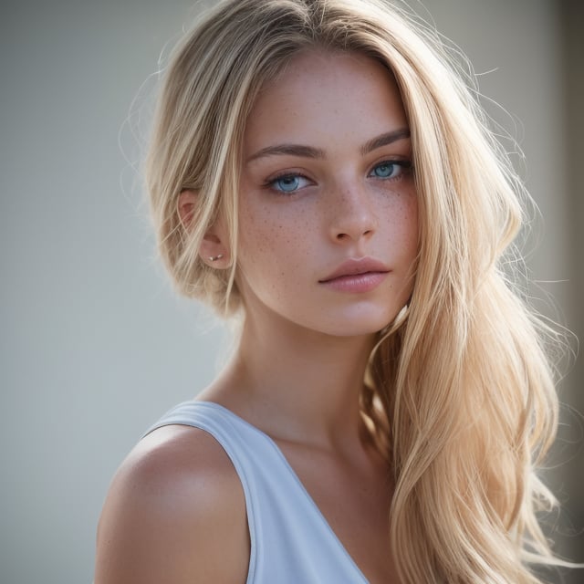 Generate hyper realistic image of a beautiful woman with long, flowing blonde hair framing her bare shoulders. Her blue eyes gaze directly at the viewer, radiating serenity. The closed mouth and delicate lips add a touch of elegance to the portrait. Freckles grace her realistic nose, capturing the natural beauty of this serene moment.