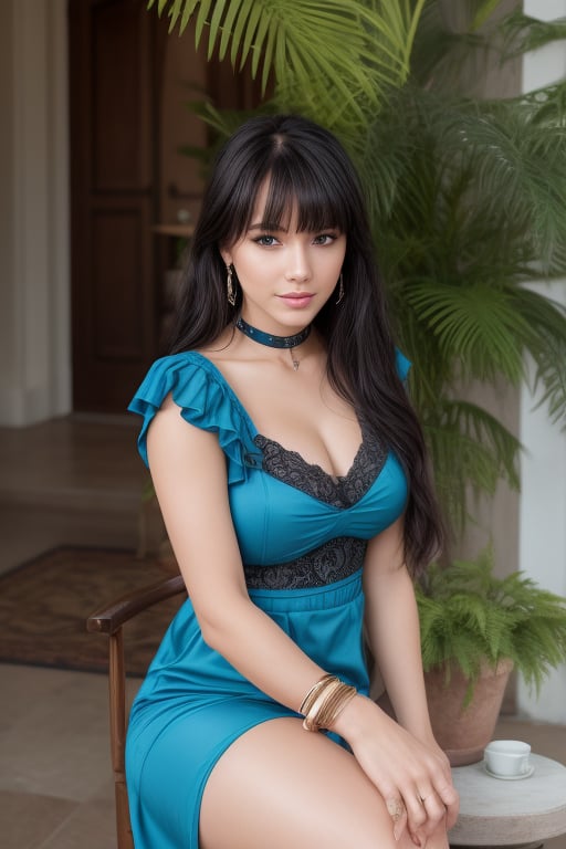 Generate hyper realistic image of a beautiful woman with long, black hair, adorned with blunt bangs, and stunning blue eyes. She wears a gorgeous blue dress with short sleeves, displaying a hint of cleavage and complemented by subtle jewelry – earrings, a choker, a necklace, and an armlet. Seated indoors on a shiny day, she exudes elegance, her upper body featuring closed lips and a captivating gaze to the side, with a potted plant adding a touch of nature to the scene.