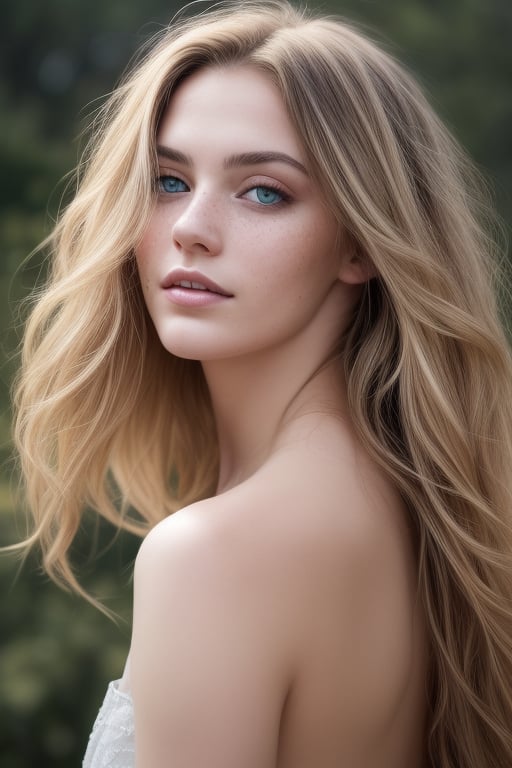 Generate hyper realistic image of a beautiful woman with long, flowing blonde hair framing her bare shoulders. Her blue eyes gaze directly at the viewer, radiating serenity. The closed mouth and delicate lips add a touch of elegance to the portrait. Freckles grace her realistic nose, capturing the natural beauty of this serene moment.