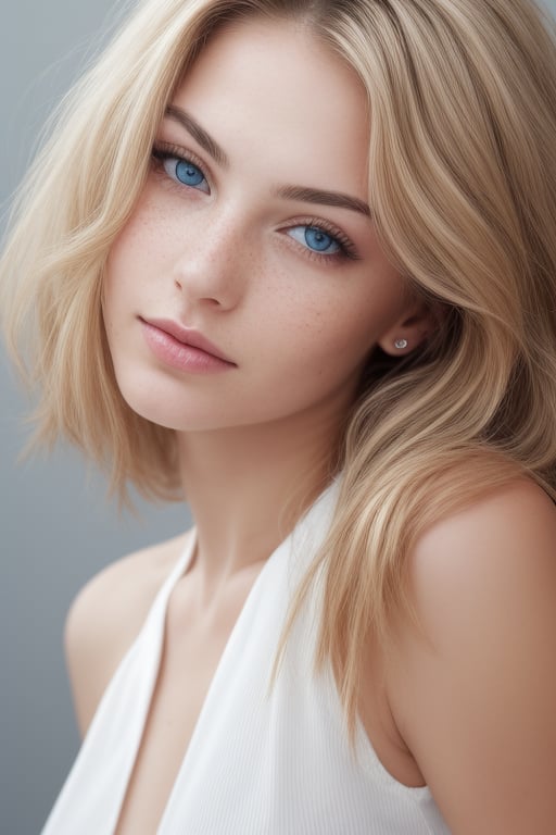 Generate hyper realistic image of a beautiful woman with long, flowing blonde hair framing her bare shoulders. Her blue eyes gaze directly at the viewer, radiating serenity. The closed mouth and delicate lips add a touch of elegance to the portrait. Freckles grace her realistic nose, capturing the natural beauty of this serene moment.