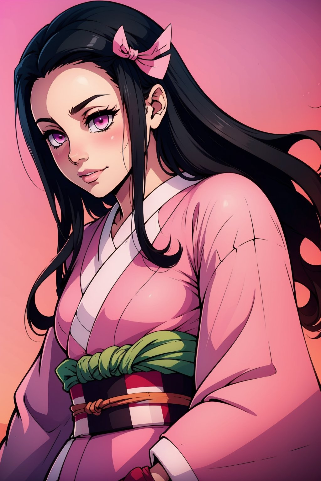 nezuko, 1girl, black hair, forehead, hair ribbon, japanese clothes, kimono, long hair, multicolored hair, pink eyes, pink kimono, pink ribbon, ribbon, smile, very long hair