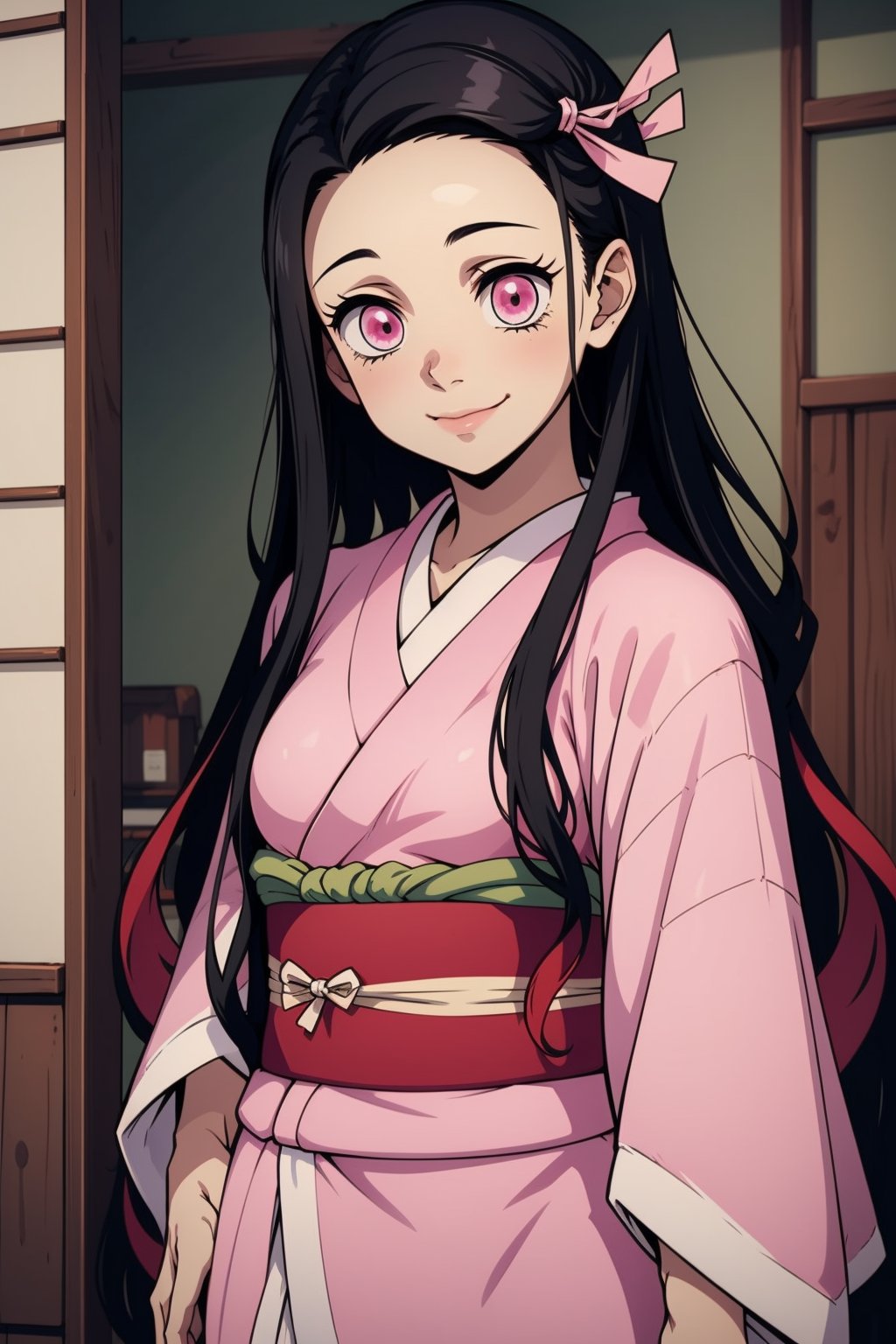 nezuko, 1girl, black hair, forehead, hair ribbon, japanese clothes, kimono, long hair, multicolored hair, pink eyes, pink kimono, pink ribbon, ribbon, smile, very long hair