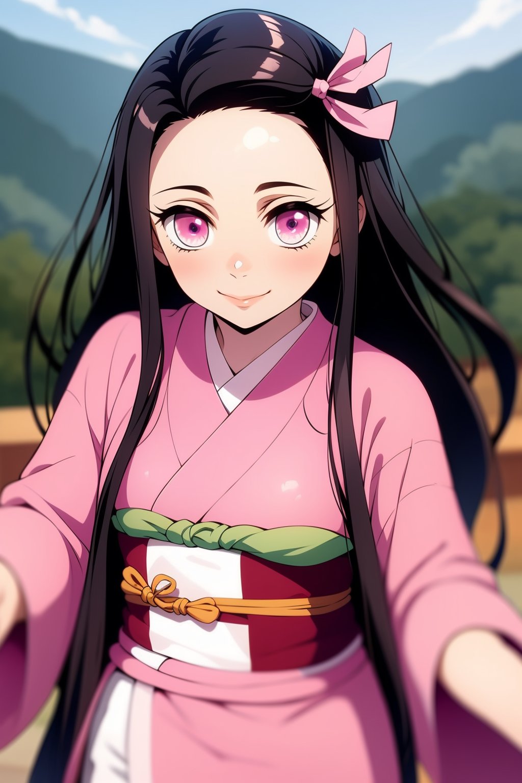 nezuko, 1girl, black hair, forehead, hair ribbon, japanese clothes, kimono, long hair, multicolored hair, pink eyes, pink kimono, pink ribbon, ribbon, smile, very long hair