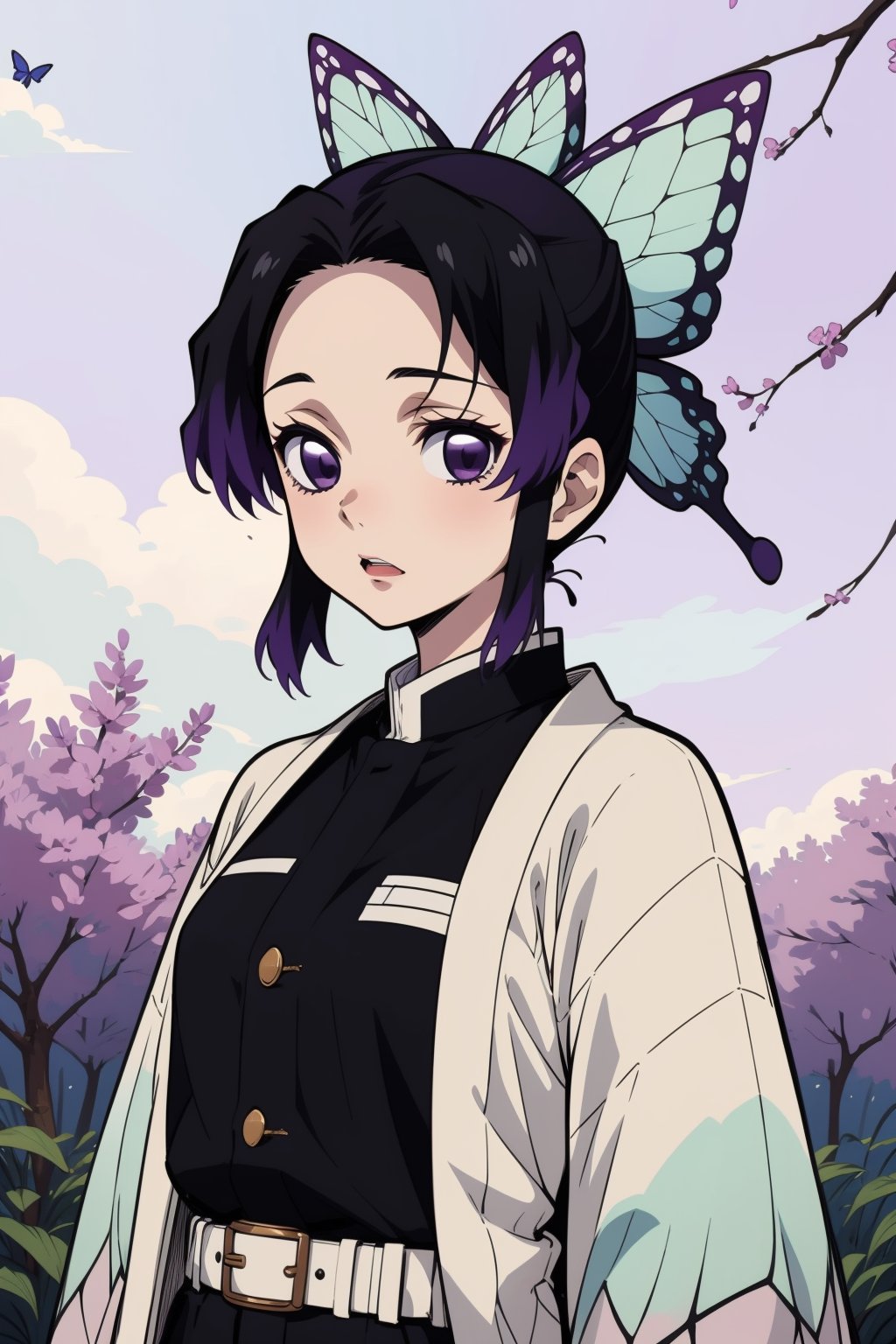 kochou shinobu, multicolored hair, no bangs, hair intakes, purple eyes, forehead, black shirt, black pants, haori, butterfly, buttons, belt,kochou shinobu