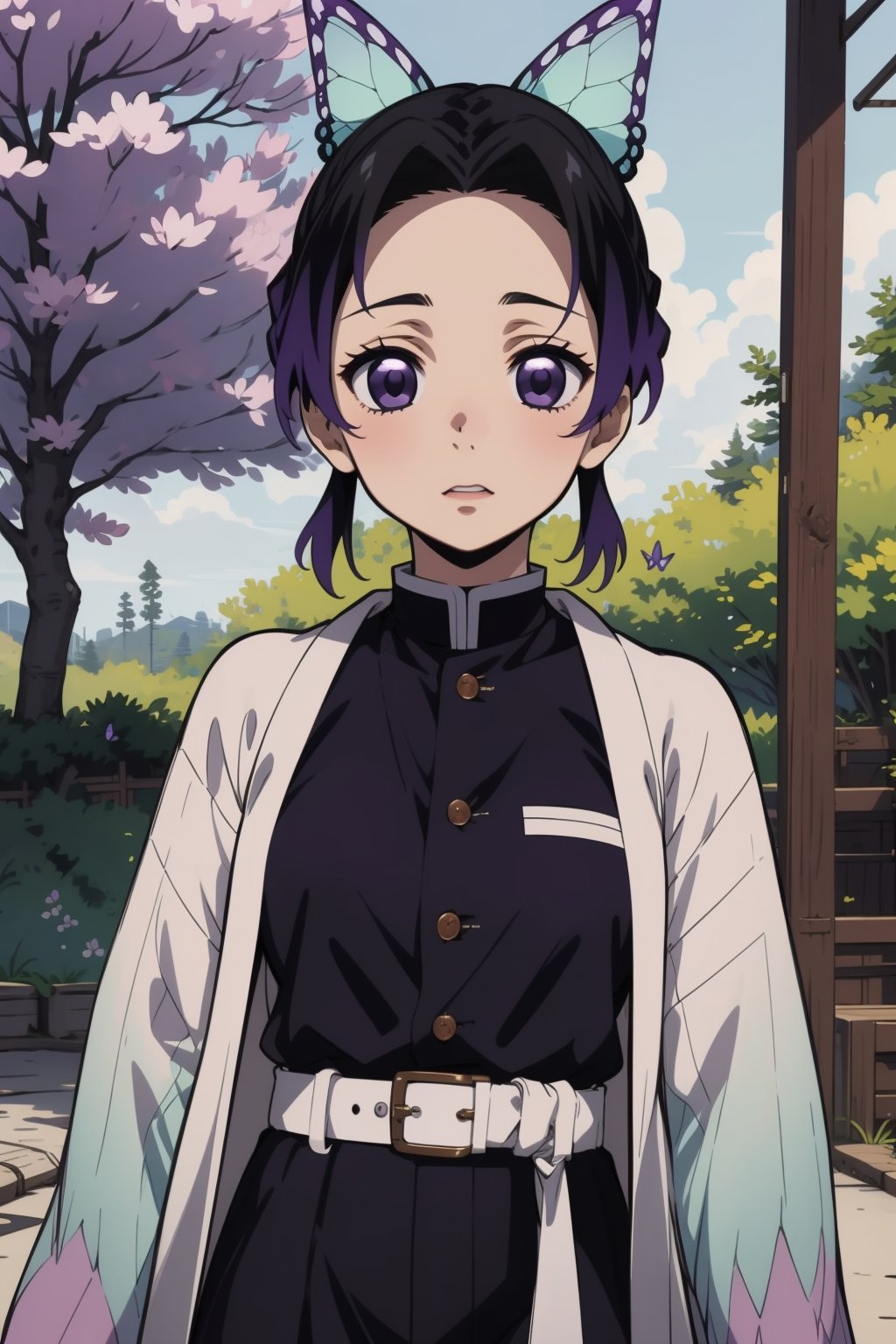 kochou shinobu, multicolored hair, no bangs, hair intakes, purple eyes, forehead, black shirt, black pants, haori, butterfly, buttons, belt,kochou shinobu