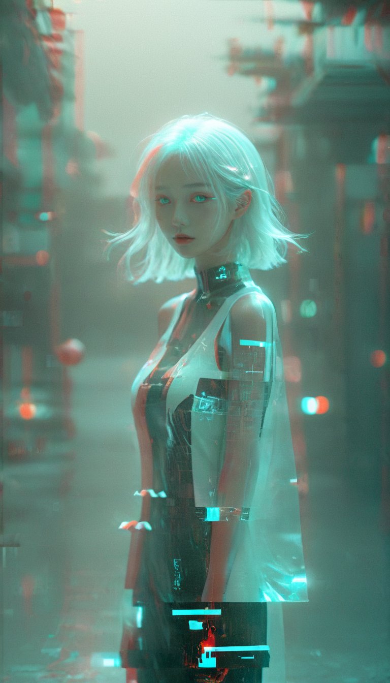 <lora:xl-shanbailing-1213Glitch_effect:0.9>, bailing_glitch_effect,hologram,iinsanely detailed,masterpiece,orangeblack,abstract 3D design,neon lights,hyper detailed,cinematic lighting,photorealism,hyperdetailed,professional,highly detailed,1girl,ultra wide,octane render masterpiece,beautiful depth of field,ultra wide field,ultra detailed CG perspective,ultra dynamic lighting amazing shadows,floating transparent red Chinese characters,white_marble_glowing_skin,white hair,city,cityscape,street,